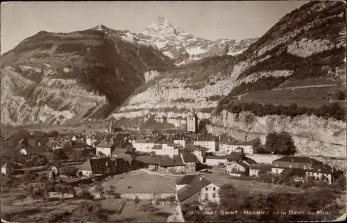 Ak Saint Maurice Kt. Wallis Schweiz, Dent du Midi, Dorf, Totalansicht, Berge