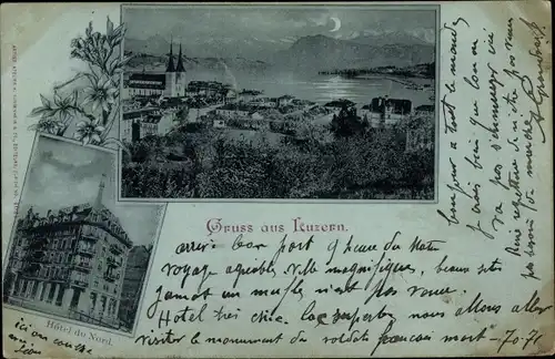 Mondschein Ak Luzern Stadt Schweiz, Hotel du Nord, Stadtansicht von oben