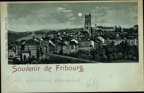 Mondschein Litho Fribourg Freiburg Stadt Schweiz, Stadtansicht bei Nacht, Kirche, Brücke