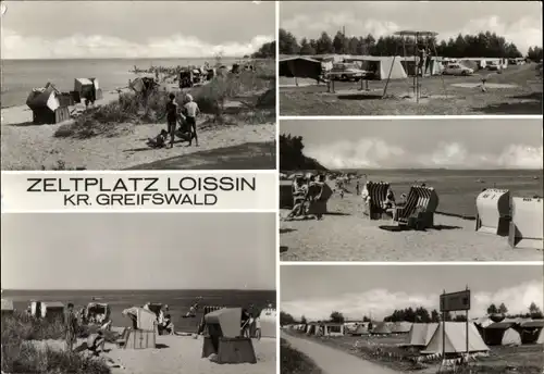 Ak Loissin, Partie auf dem Zeltplatz, Partie am Strand, Strandkörbe