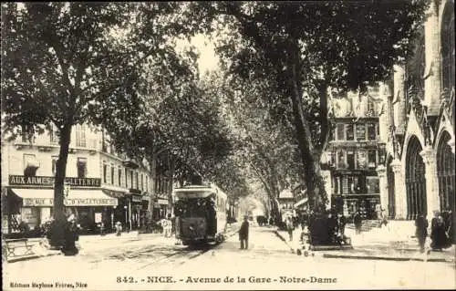 Ak Nice Nizza Alpes Maritimes, Avenue de la Gare Notre Dame, Straßenbahn