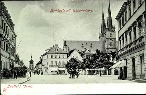 Ak Saalfeld an der Saale Thüringen, Marktplatz, Johanniskirche, Kutsche