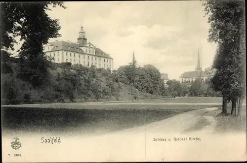 Ak Saalfeld an der Saale Thüringen, Schloss  und Grabaer Kirche