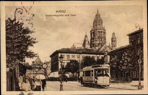 Ak Mainz am Rhein, Gutenbergplatz und Dom, Straßenbahn