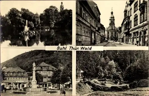 Ak Suhl in Thüringen, verschiedene Ansichten von Suhl, See mit Springbrunnen, Kirche, Denkmal, Brück