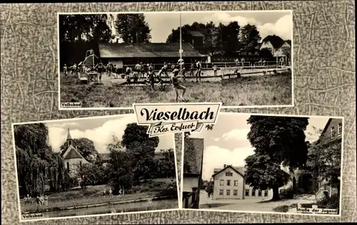 Ak Vieselbach Erfurt in Thüringen, Volksbad, Straße der Jugend, Volksbad mit Kirche