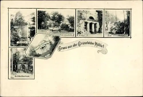 Ak Grünefeld Waldenburg in Sachsen, Grünfelder Mühle, Bad, Mausoleum, Glänzelmühle, Grotte, Brunnen