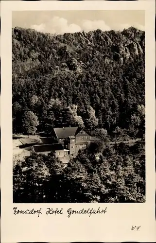 Ak Jonsdorf, Blick auf das Hotel Gondelfahrt, Felsen