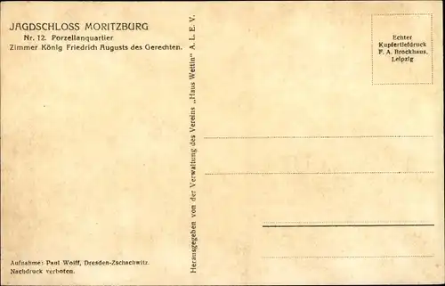 Ak Moritzburg Sachsen, Jagdschloss, Zimmer König Friedrich August d. Gerechten, Porzellanquartier