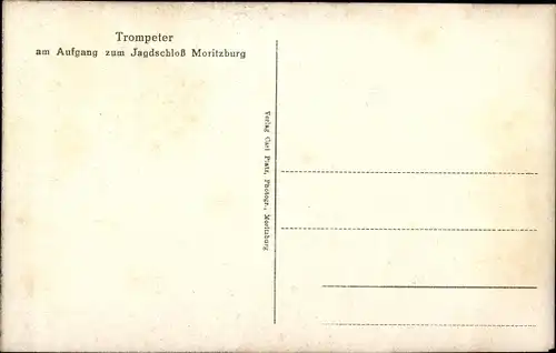 Ak Moritzburg in Sachsen, Jagdschloss, Außenansicht, Trompeter am Aufgang zum Schloß, Statue
