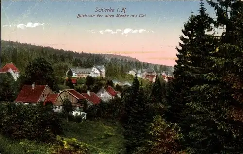 Ak Schierke Wernigerode am Harz, Blick von der alten Kirche ins Tal