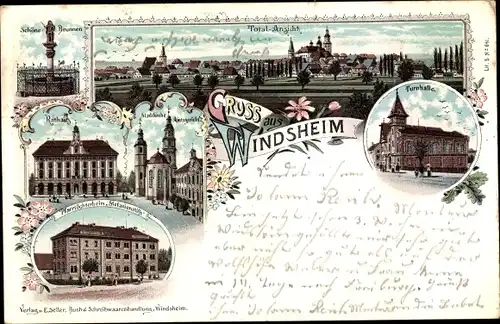 Litho Bad Windsheim in Mittelfranken, Turnhalle, Amtsgericht, Rathaus, Totalansicht