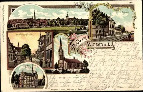 Litho Winsen an der Luhe, Lüneburger Straße, Kirche, Bahnhof, Neues Rathaus, Totale