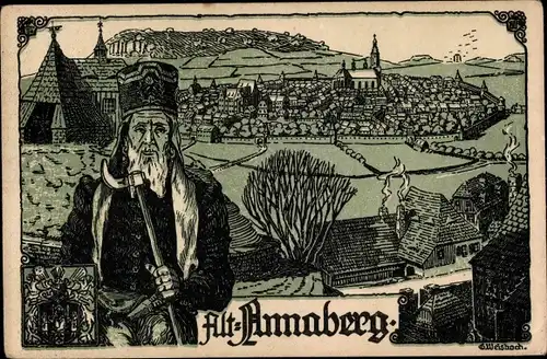 Künstler Ak Annaberg Buchholz im Erzgebirge, Stadtansicht, Bergmann