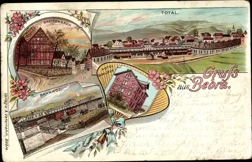 Litho Bebra an der Fulda in Hessen, Breitenbach, Bahnhof, Hotel Schlüter, Totalansicht