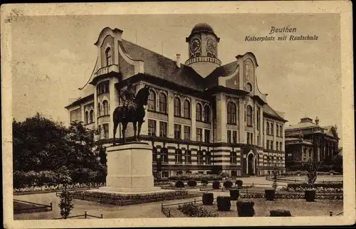 Ak Bytom Beuthen Oberschlesien, Kaiserplatz, Realschule, Reiterstandbild