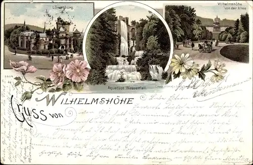 Litho Bad Wilhelmshöhe Kassel in Hessen, Blick von der Allee, Löwenburg, Wasserfall
