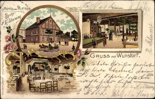 Litho Wunstorf in Niedersachsen, Hotel zum Ritter, Innenansicht, Billard