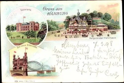 Litho Hamburg St. Pauli, Seewarte, Neue Elbbrücke, Helgolander Fährhaus