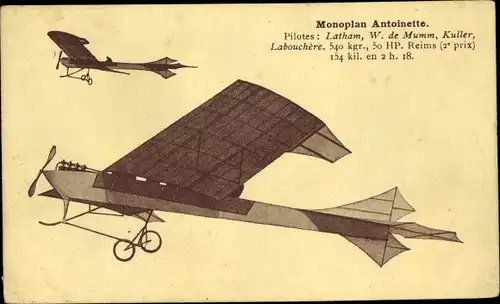 Ak Monoplan Antoinette, Pilotes: Latham, W. de Mumm, Kuller, Flugzeuge