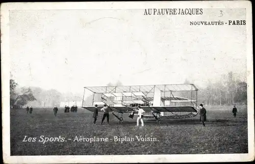 Ak Les Sports, Aeroplane, Biplan Voisin, Flugzeug, Doppeldecker