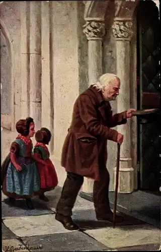 Künstler Ak Gerstenhauer, J. G., Kinder in niederländischer Tracht, Kirche, Mann mit Gehstock