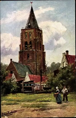 Künstler Ak Gerstenhauer, J. G., Ortsansicht, Turm, Frau mit Korb, Wohnhäuser