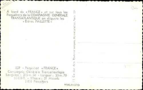 Ak Paquebot France, Compagnie Générale Transatlantique CGT, Longuer 315 metres