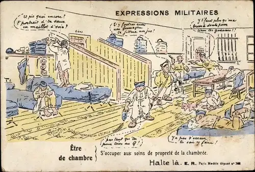 Ak Französische Soldaten beim Aufräumen, Betten, Soldatenleben, Expressions Militaires