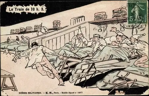 Ak Soldatenleben, Französische Soldaten in Betten, Beschädigtes Bett, Le Train de 10 h 3