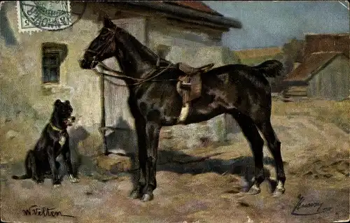 Künstler Ak Velten, W., Gesatteltes Pferd mit Hund
