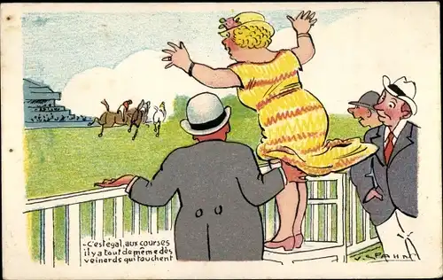 Künstler Ak Pferdesportrennen, Begeisterte Frau, Windiges Wetter, C'est egal, aux courses...