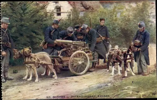 Künstler Ak En Guerre, Mitrailleuses Belges, belgische Soldaten, Hunde ziehen Geschütz
