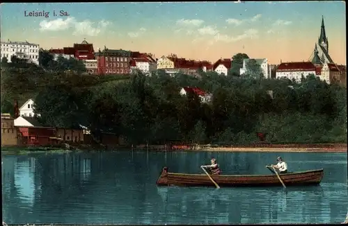 Ak Leisnig in Sachsen, Teilansicht, Ruderboot