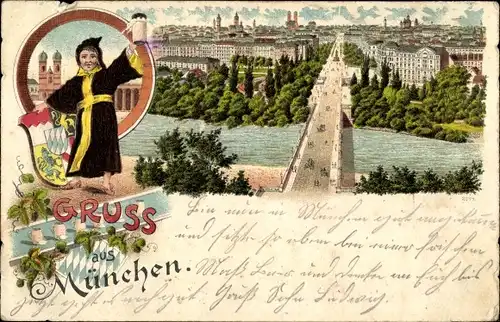 Litho München Bayern, Panorama, Münchner Kindl mit Bierkrug, Wappen