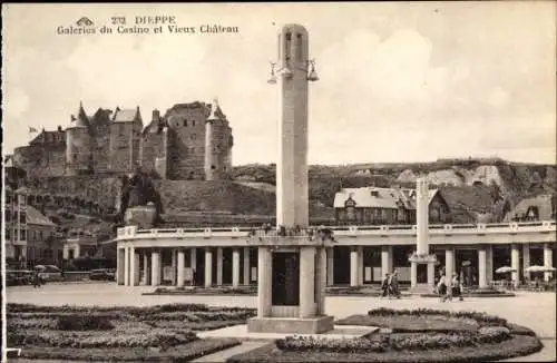 Ak Dieppe Seine Maritime, Galeries du Casino et Vieux Chateau, Burg, Säulen, Platz, Grünanlage