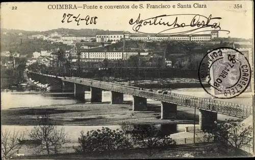 Ak Coimbra Portugal, Ponte e conventos de S. Francisco e Santa Clara, Brücke, Kloster, Fluss