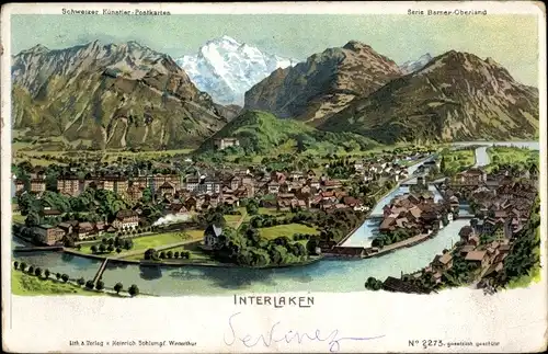 Litho Interlaken Kt. Bern, Berner Oberland, Totalansicht, Ort, Jungfrau