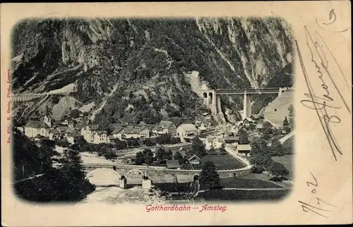 Ak Amsteg Silenen Kt. Uri, Gotthardbahn, Brücken, Fluss, Berg