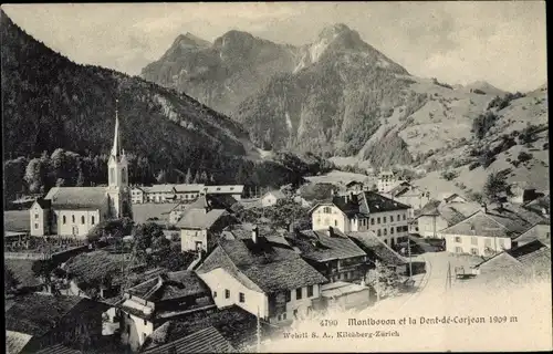 Ak Montbovon Kt. Freiburg Schweiz, et la Dent-de-Corjeon, Kirche, Ortschaft, Bergspitze