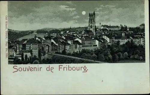 Mondschein Litho Fribourg Freiburg Stadt Schweiz, Fluss, Brücke, Kirche, Gesamtansicht