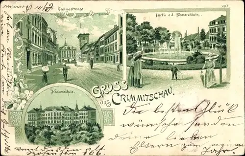 Litho Crimmitschau in Sachsen, Knabenschule, Bismarckhain, Thiemestraße