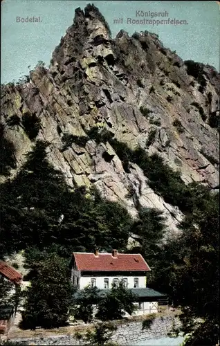 Ak Thale im Harz, Bodetal, Königsruh mit Rosstrappenfelsen, Haus