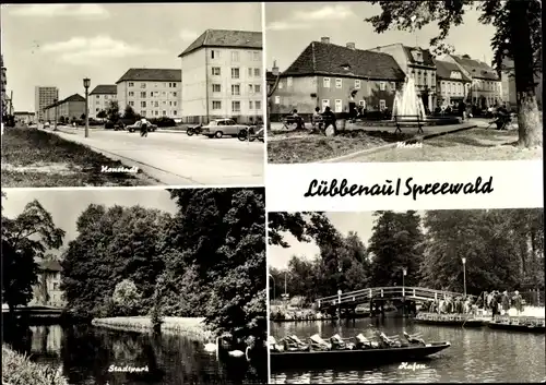 Ak Lübbenau im Spreewald, Neustadt, Markt, Stadtpark, Hafen