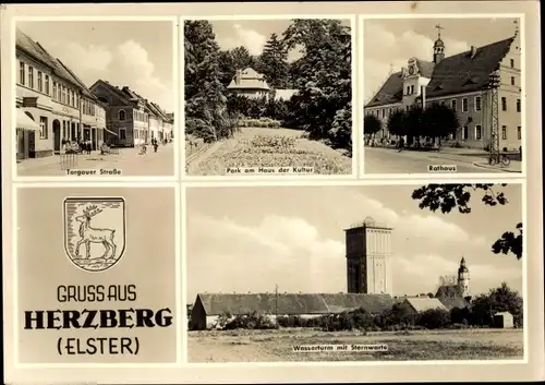 Ak Herzberg an der Elster, Torgauer Straße, Park am Haus der Kultur, Rathaus, Wasserturm, Sternwarte