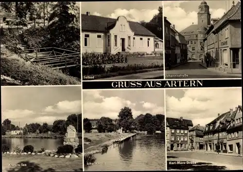 Ak Artern an der Unstrut, Solquelle, Solbad, Johannisstraße, Schwimmbad, Karl-Marx-Straße, See