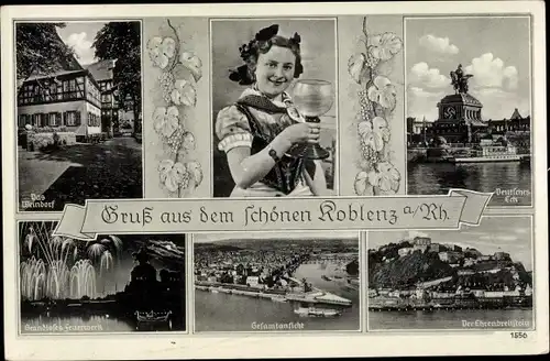 Ak Koblenz am Rhein, Deutsches Eck, Kaiser Wilhelm-Denkmal, Weindorf, Ehrenbreitstein