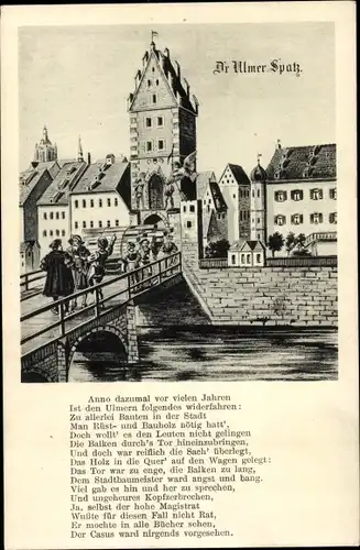 Litho Ulm Baden Württemberg, Tor, Brücke, Bauer, D'r Ulmer Spatz