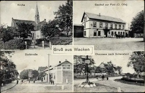 Ak Wacken in Schleswig Holstein, Gasthof zur Post, Chaussee nach Schenefeld, Kirche, Dorfstraße
