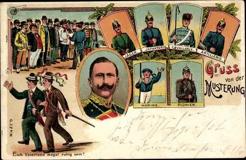 Litho Musterung, Jäger, Infanterie, Kavallerie, Artillerie, Marine, Pionier, Rekruten, Wilhelm II.
